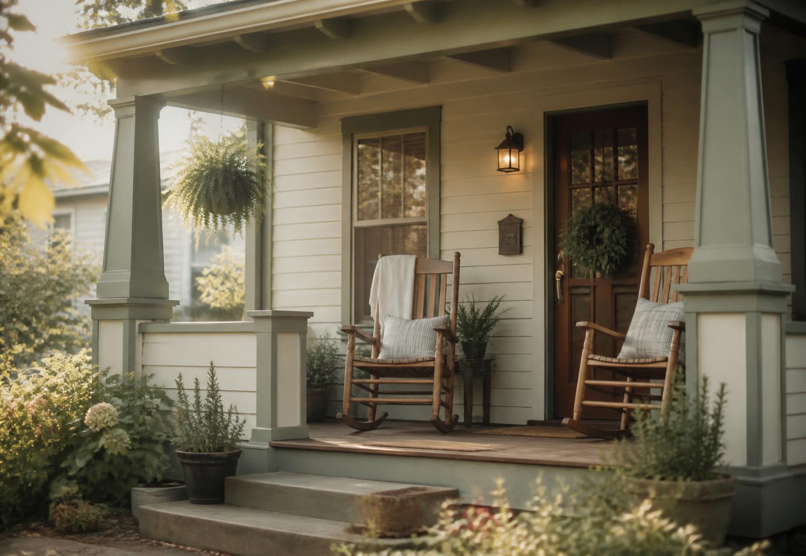 Front porch of an OASE Foundation Inc. sober living home with rocking chairs and plants